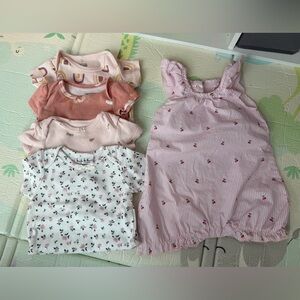 Pink Striped Cherry Romper + 4 Pink and Floral Baby Onesies size 6 months